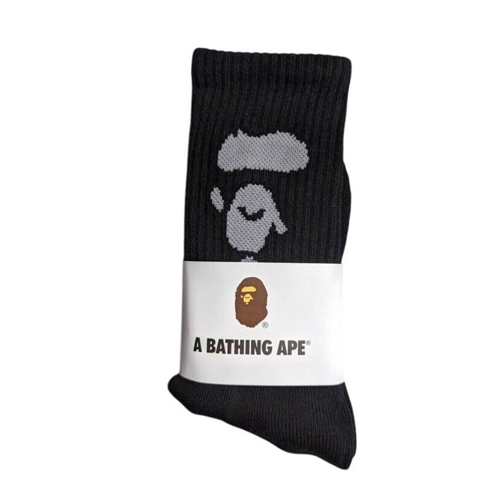 Bape Crew Socks Ape Head Face Logo Mens Womens Unisex Size 9-11 Black Gray
